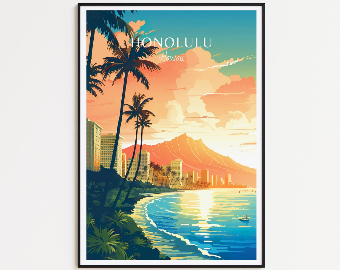 Honolulu Hawaii Waikiki Beach Skyline Diamond Head Sunset Poster