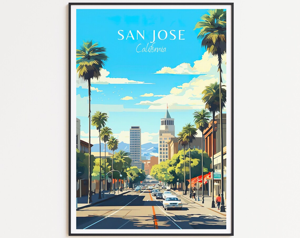 San Jose California Palm Lined Street City Hall Tower Travel Poster