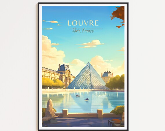 Louvre Paris France Travel Poster Glass Pyramid Museum Landmark Art