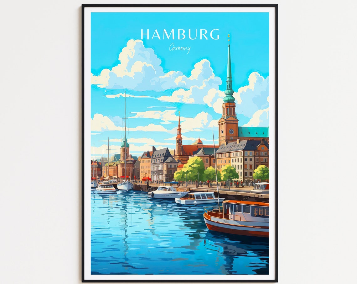 Hamburg Germany Harbor Panorama Church Spires Vintage Travel Poster