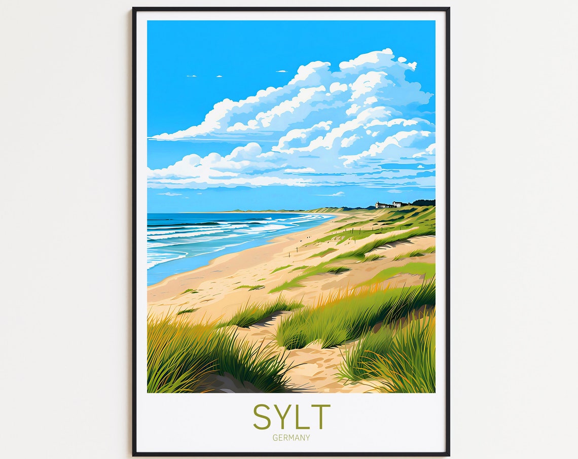 Sylt Germany Sandy Beach Grassy Dunes Blue Sky Summer Poster