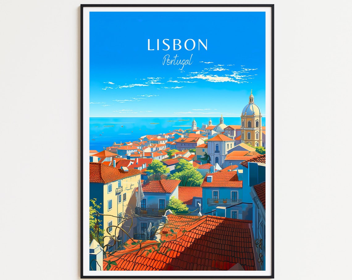 Lisbon Portugal Red Rooftops Church Dome Vintage Travel Poster