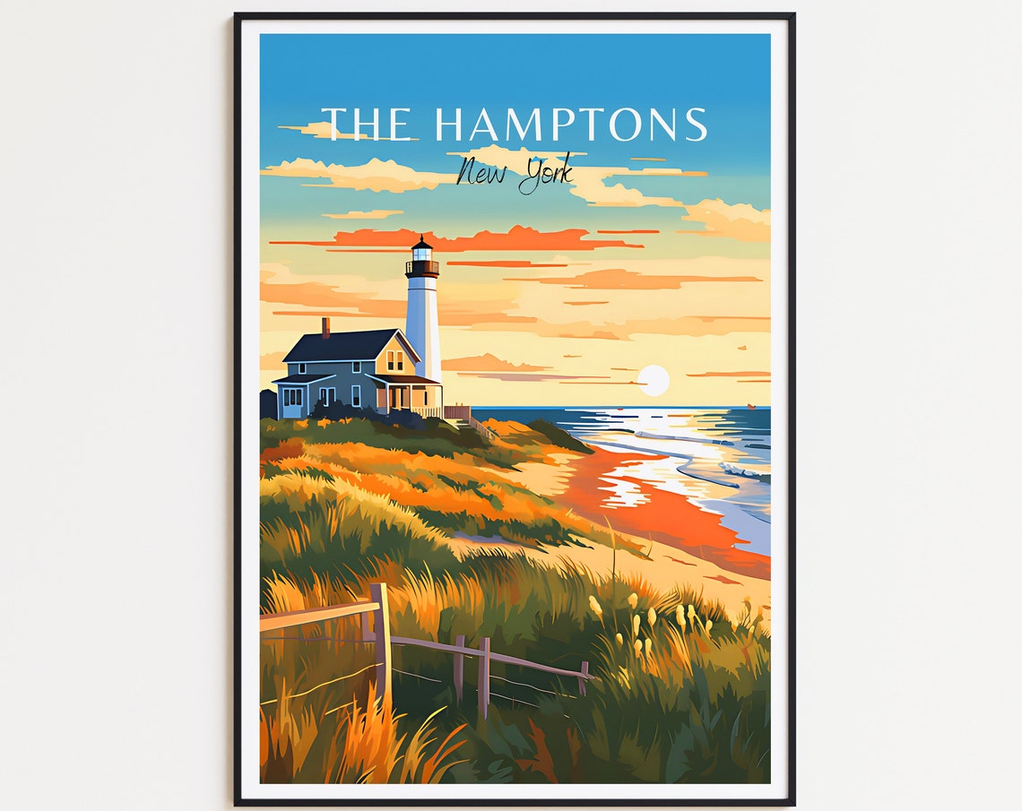 The Hamptons New York Lighthouse Sunset Coastal Dunes Travel Poster
