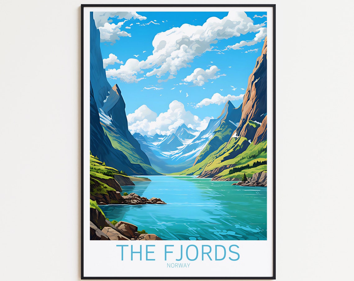 Norway Fjords Mountain Cliffs Turquoise Water Vintage Travel Poster