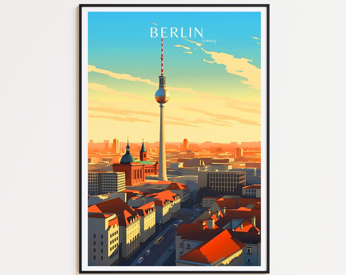 Berlin Germany TV Tower Sunset Skyline Illustrated Travel Poster