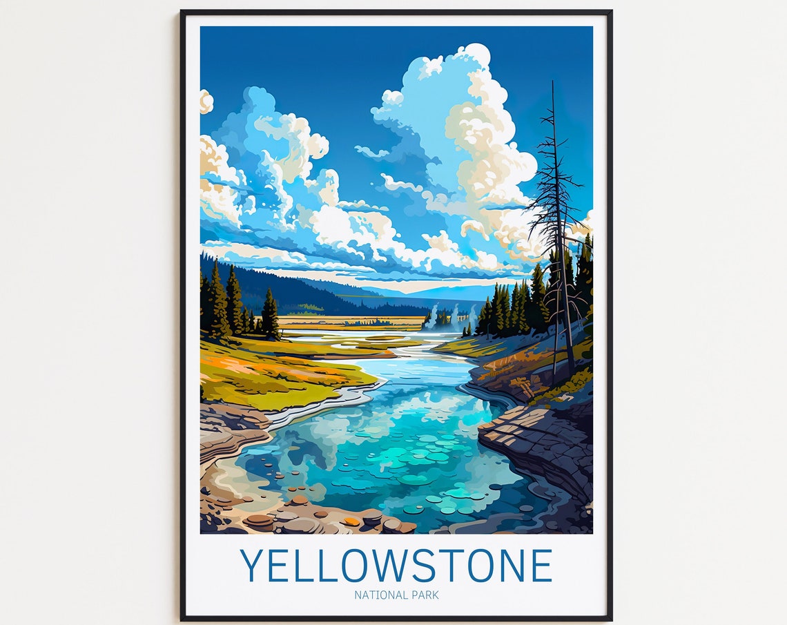 Yellowstone National Park Turquoise River Pines Vintage Travel Poster