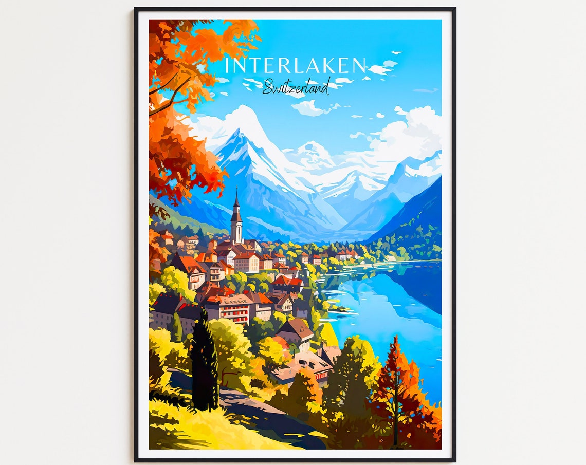 Interlaken Switzerland Travel Poster Alpine Lake Village Autumn Peaks