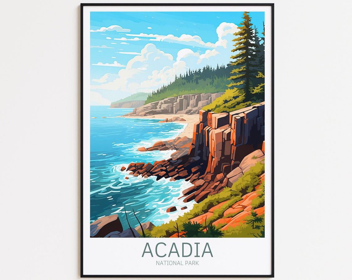 Acadia National Park Rocky Coast Evergreens Vintage Travel Poster