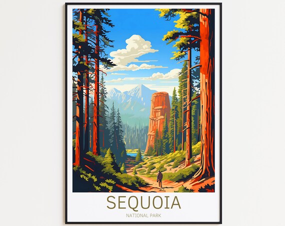 Sequoia National Park Giant Redwood Forest Hiker Vintage Travel Poster