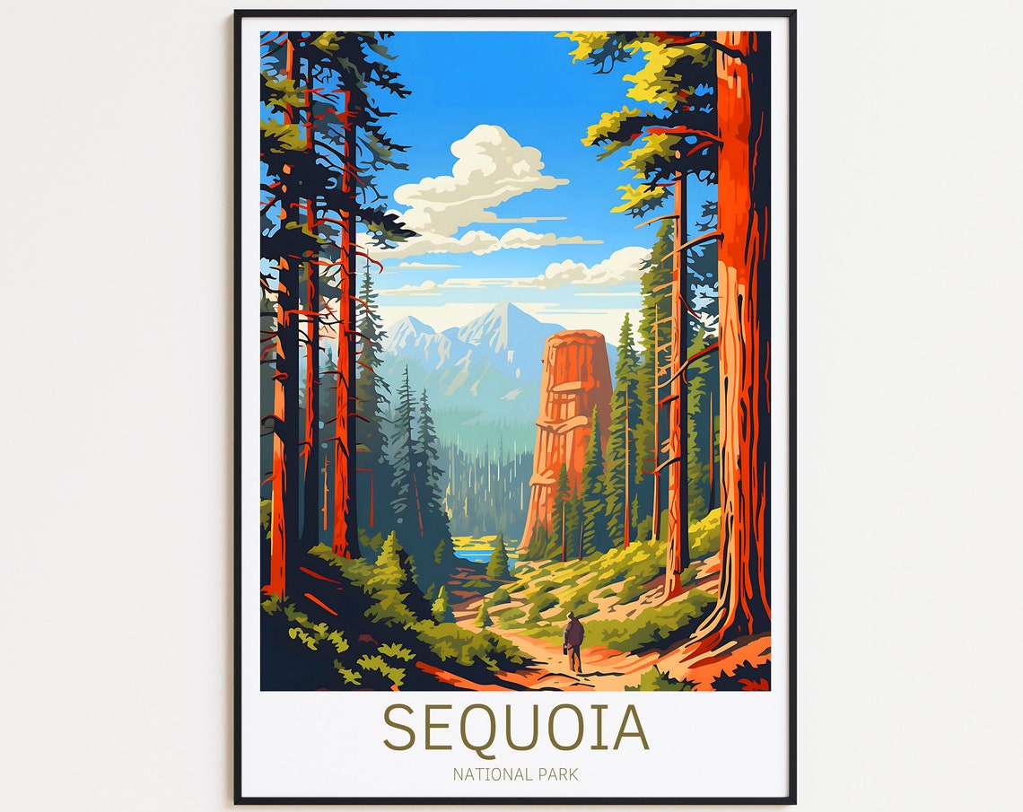 Sequoia National Park Giant Redwood Forest Hiker Vintage Travel Poster