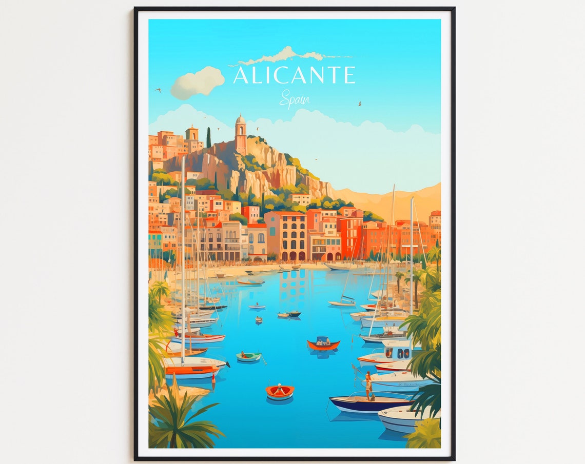 Alicante Spain Harbor Boats Castle Hill Coastal Town Marina Poster