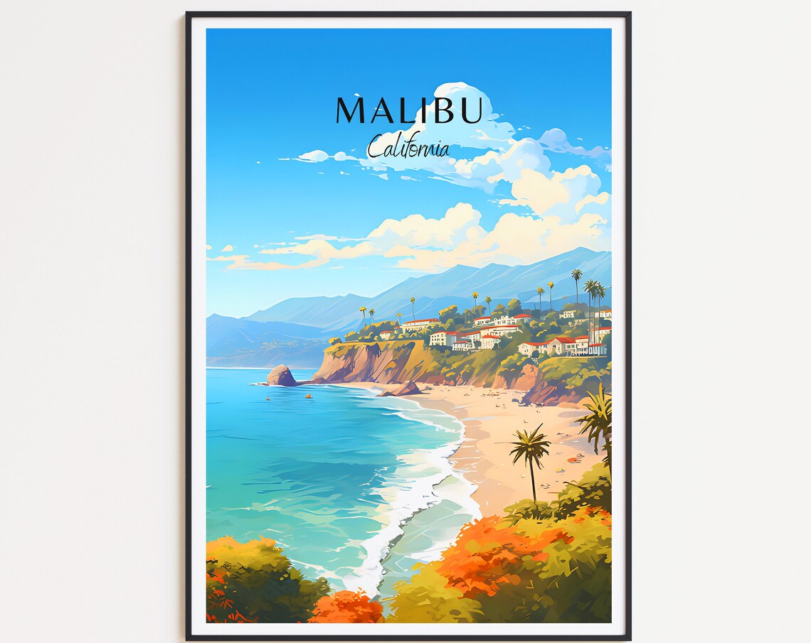 Malibu California Sandy Beach Cliffside Homes Vintage Travel Poster
