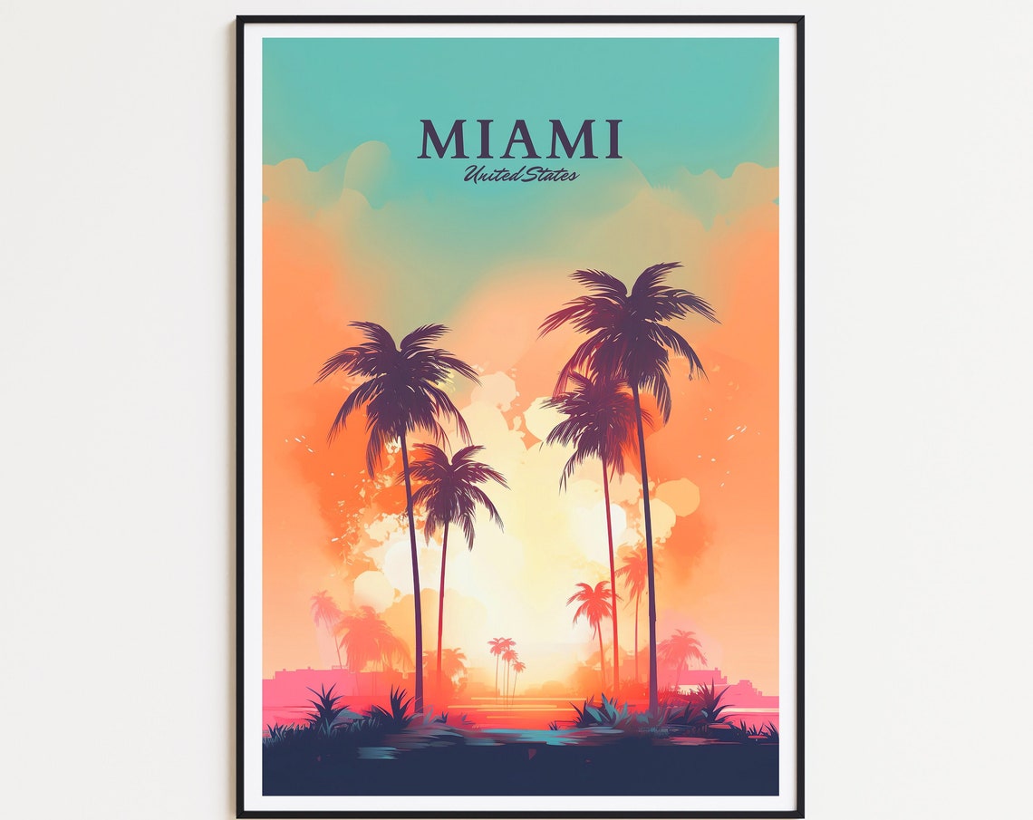 Miami Travel Poster Miami Poster Palm Trees Poster Travel Poster United States Poster Usa Poster Art Print