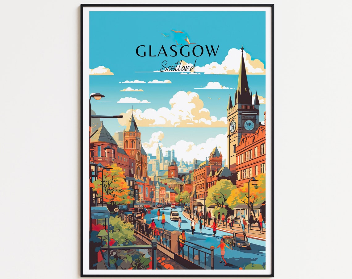 Glasgow Scotland Historic Old Street Clock Tower Travel Poster