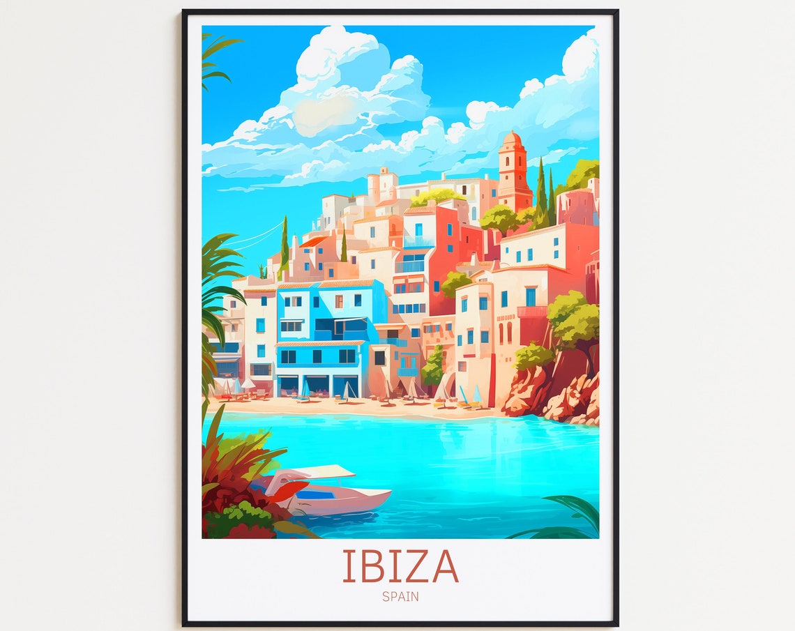 Ibiza Spain Coastal Town Turquoise Water Harbor Boats Poster