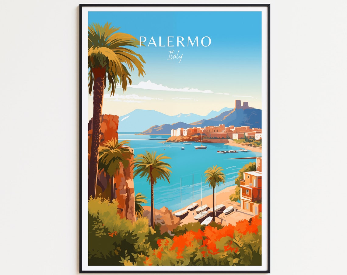 Palermo Italy Coastal Harbor Palm Trees Colorful Seaside Poster