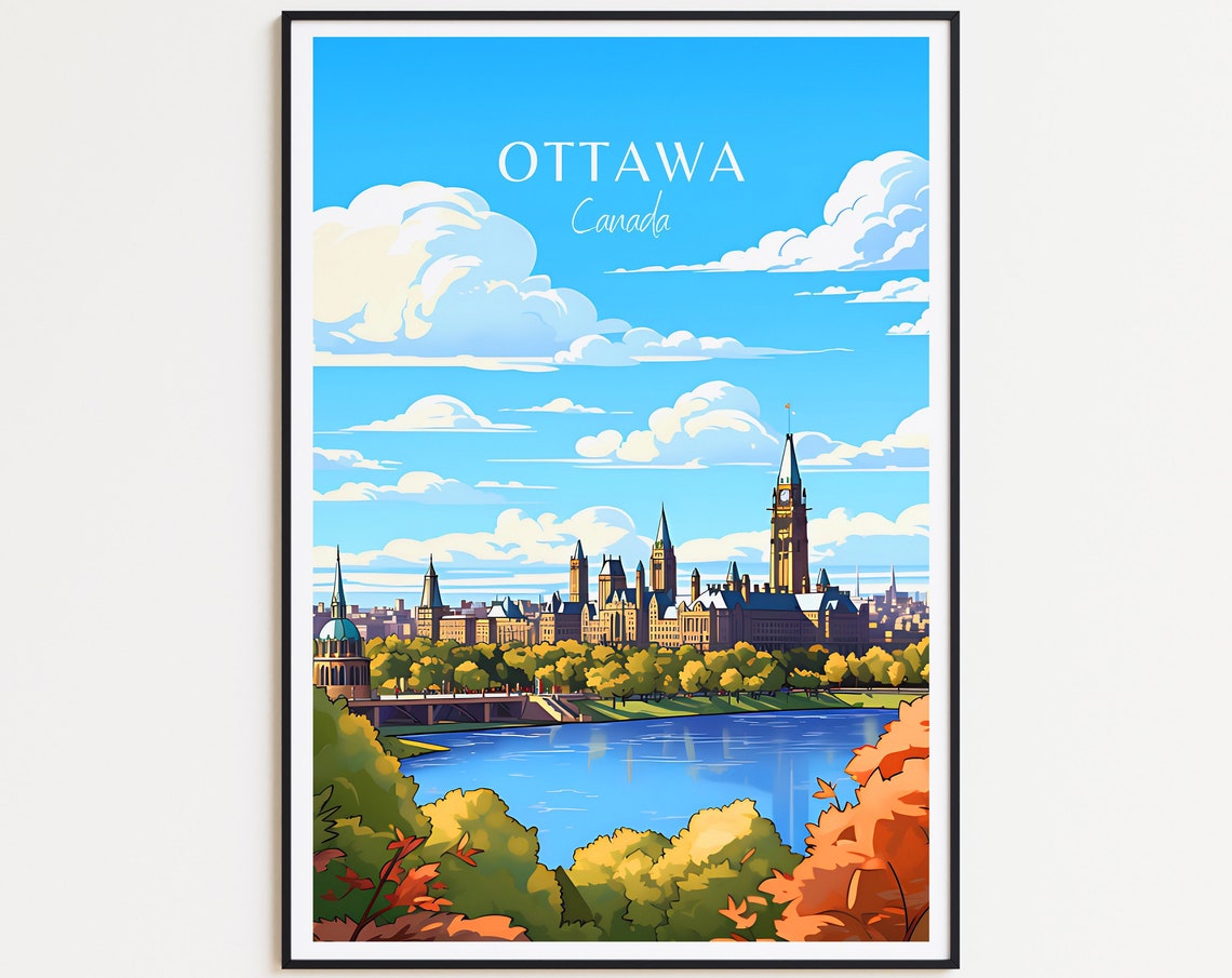 Ottawa Canada Parliament Hill River Skyline Historic Travel Poster