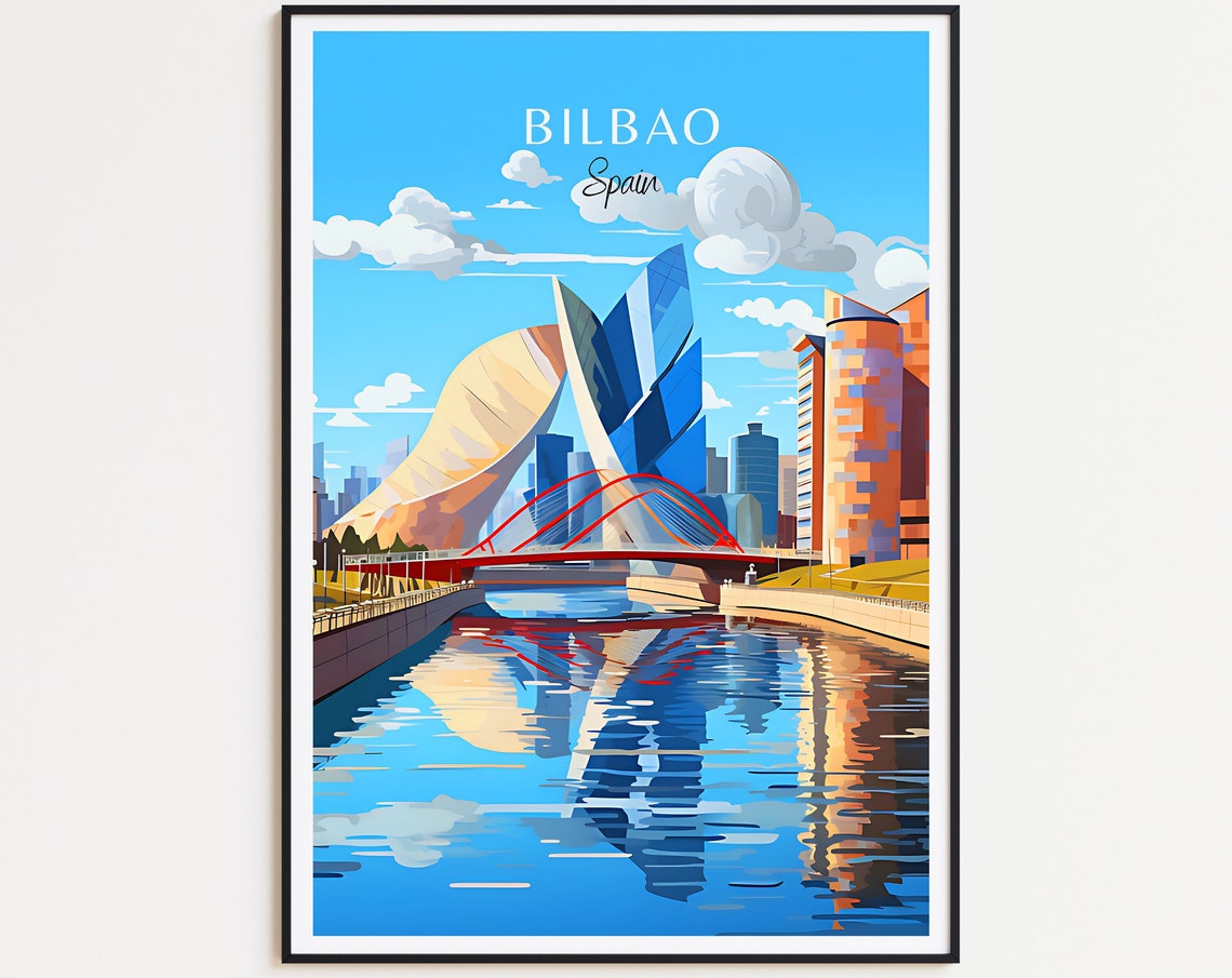 Bilbao Spain Modern Architecture River Bridge Cityscape Travel Poster