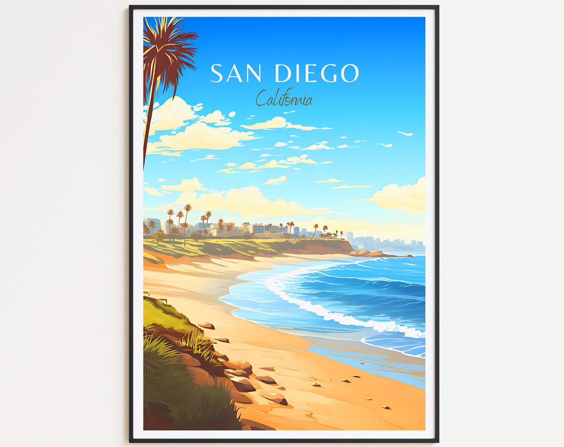 San Diego California Beach Cliffs Palms Ocean Waves Travel Poster