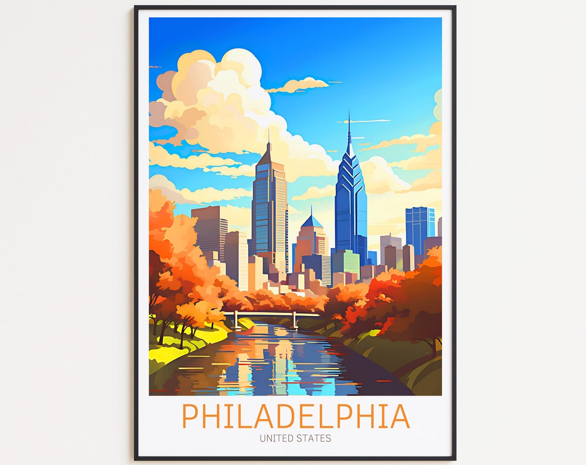 Philadelphia Autumn River Skyline Travel Poster for Fall Decor