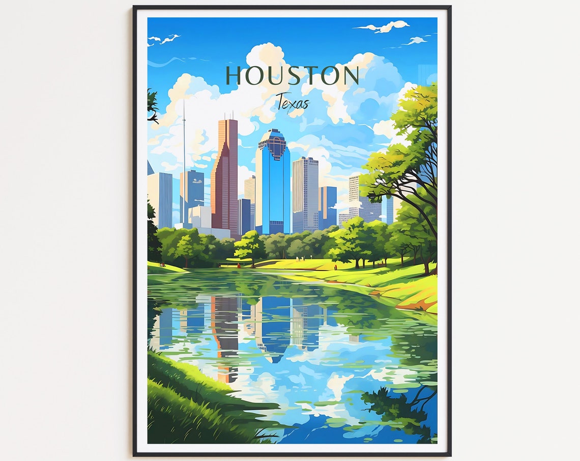 Houston Texas Downtown Skyline Park Lake Reflection Travel Poster