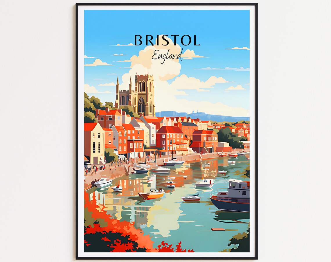 Bristol England Autumn Harbor Church Tower Boats Travel Poster