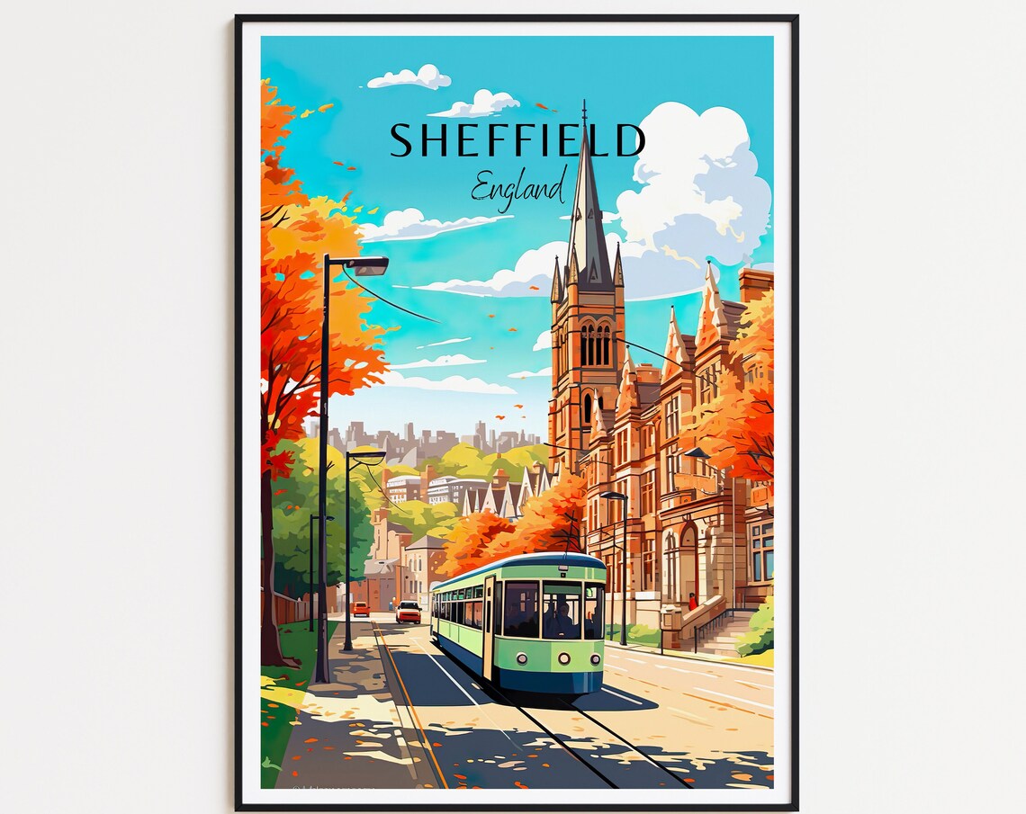 Sheffield England Vintage Tram Autumn Street Church Travel Poster