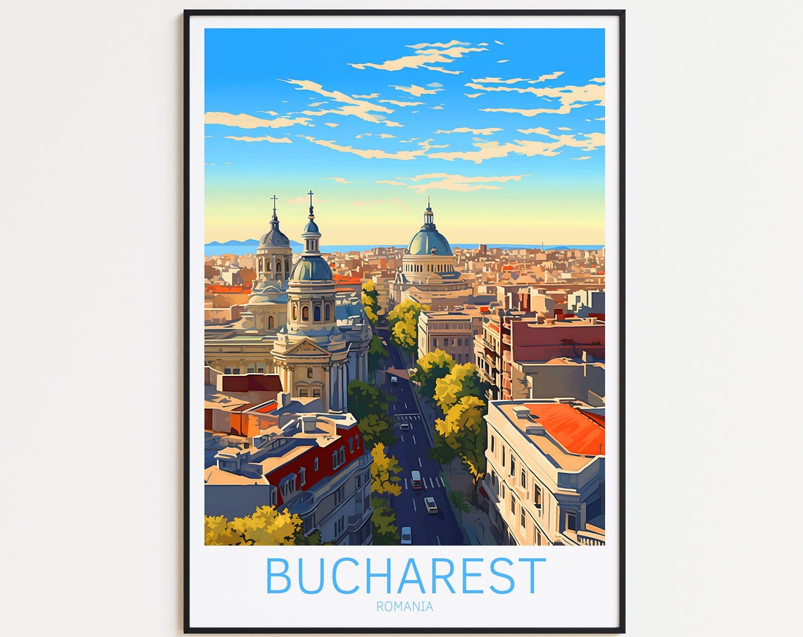 Bucharest Romania Old Town City Skyline Sunset Vintage Style Poster