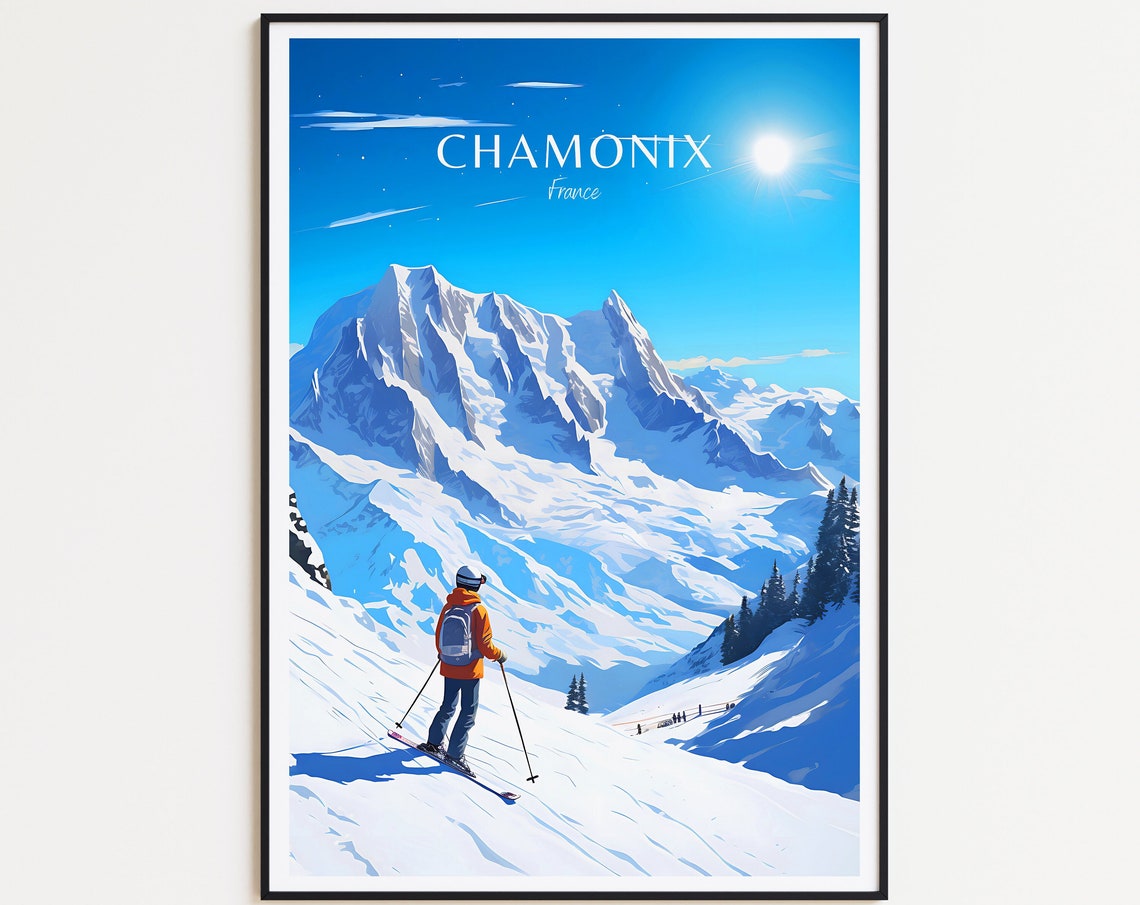 Chamonix France Skier Snow Peak Mountain Panorama Winter Poster