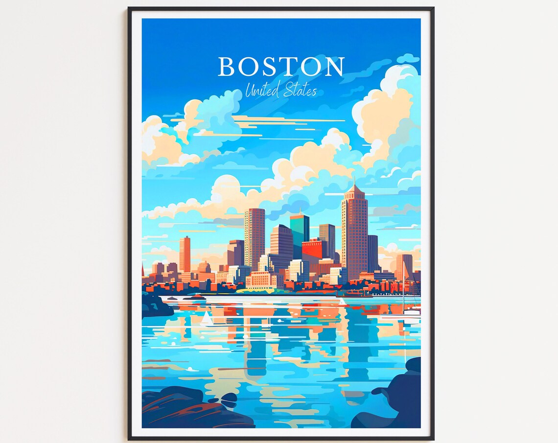Boston United States Harbor Skyline Sunset Water Travel Poster