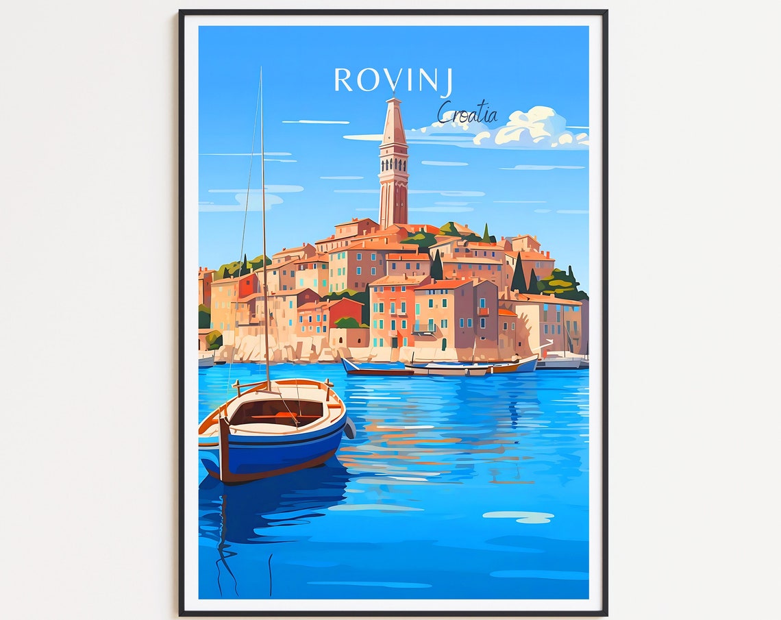 Rovinj Croatia Travel Poster Old Town Bell Tower Harbor Boats Art