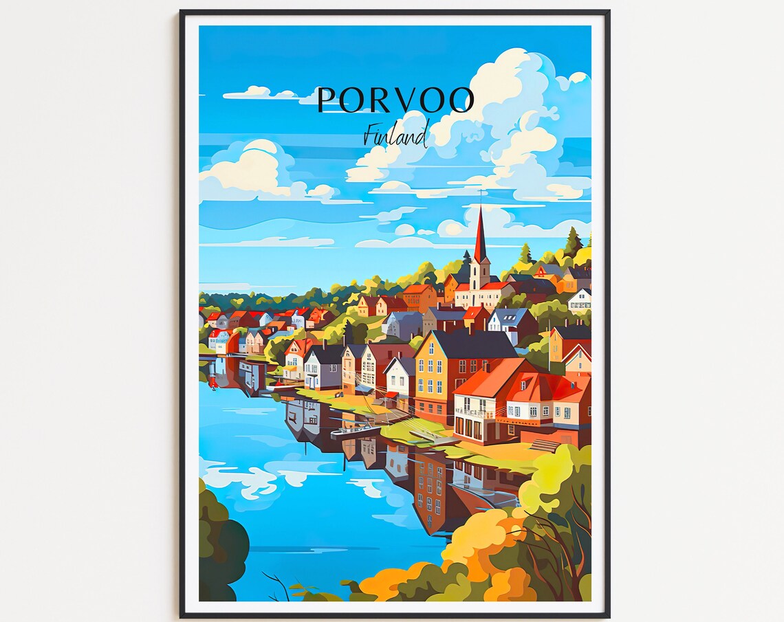 Porvoo Finland Travel Poster Red Shore Houses River Reflection Art