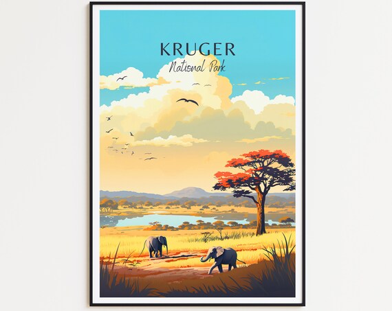Kruger National Park Elephants Golden Savanna Sunset Travel Poster