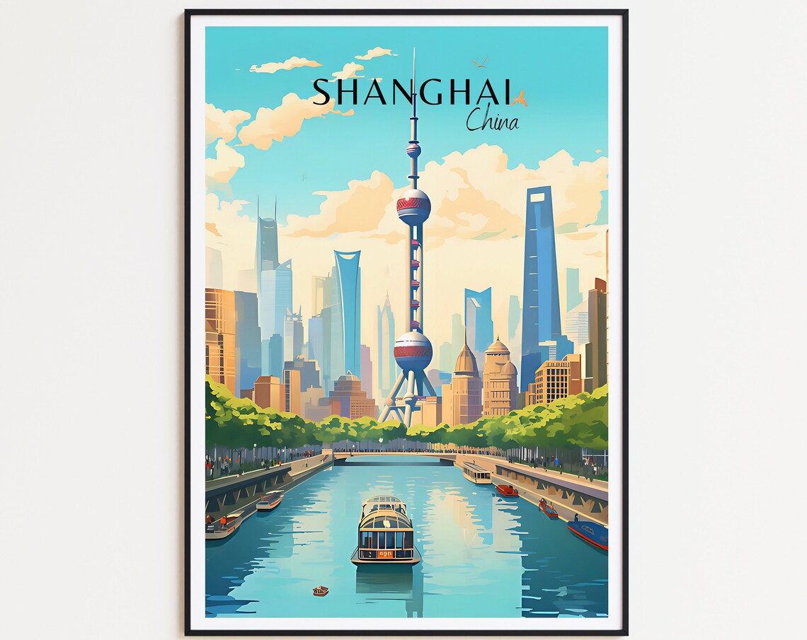 Shanghai China Oriental Pearl Tower River Boats Vintage Travel Poster