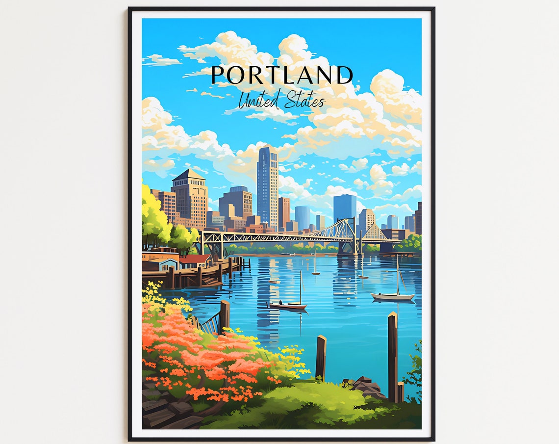 Portland United States River Bridge Sailboat Skyline Travel Poster