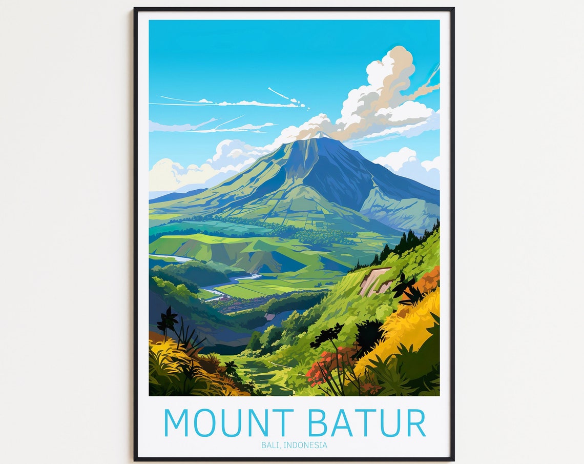 Mount Batur Vintage Travel Poster, Bali