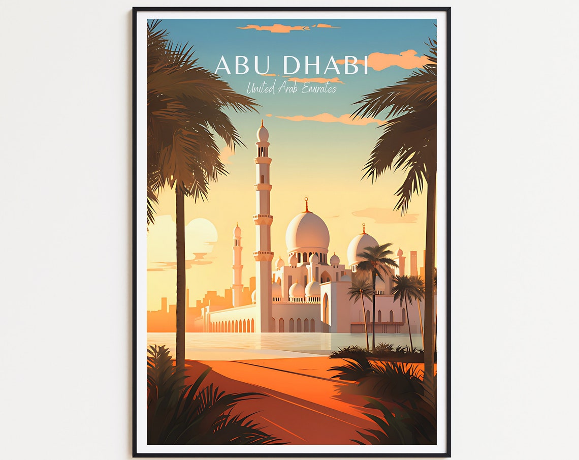 Abu Dhabi UAE Grand Mosque Sunset Palms Vintage Travel Poster