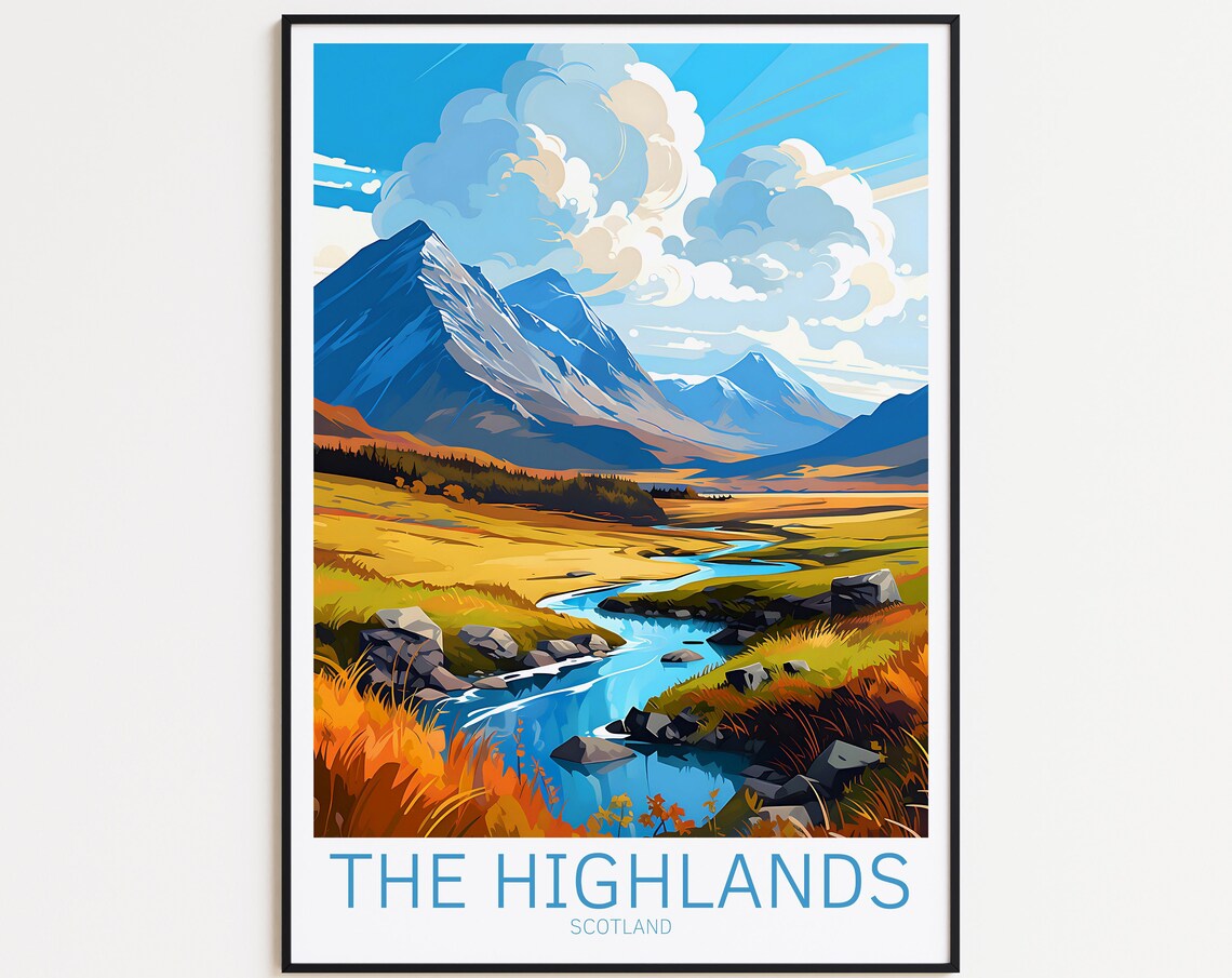 Highlands Vintage Travel Poster, Scotland Landscape