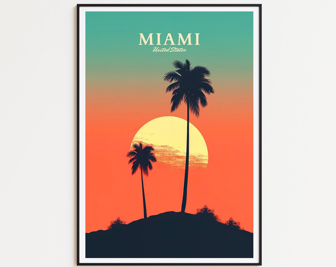 Miami Travel Poster Miami Poster Palm Trees Poster Travel Poster United States Poster Usa Poster Art Print