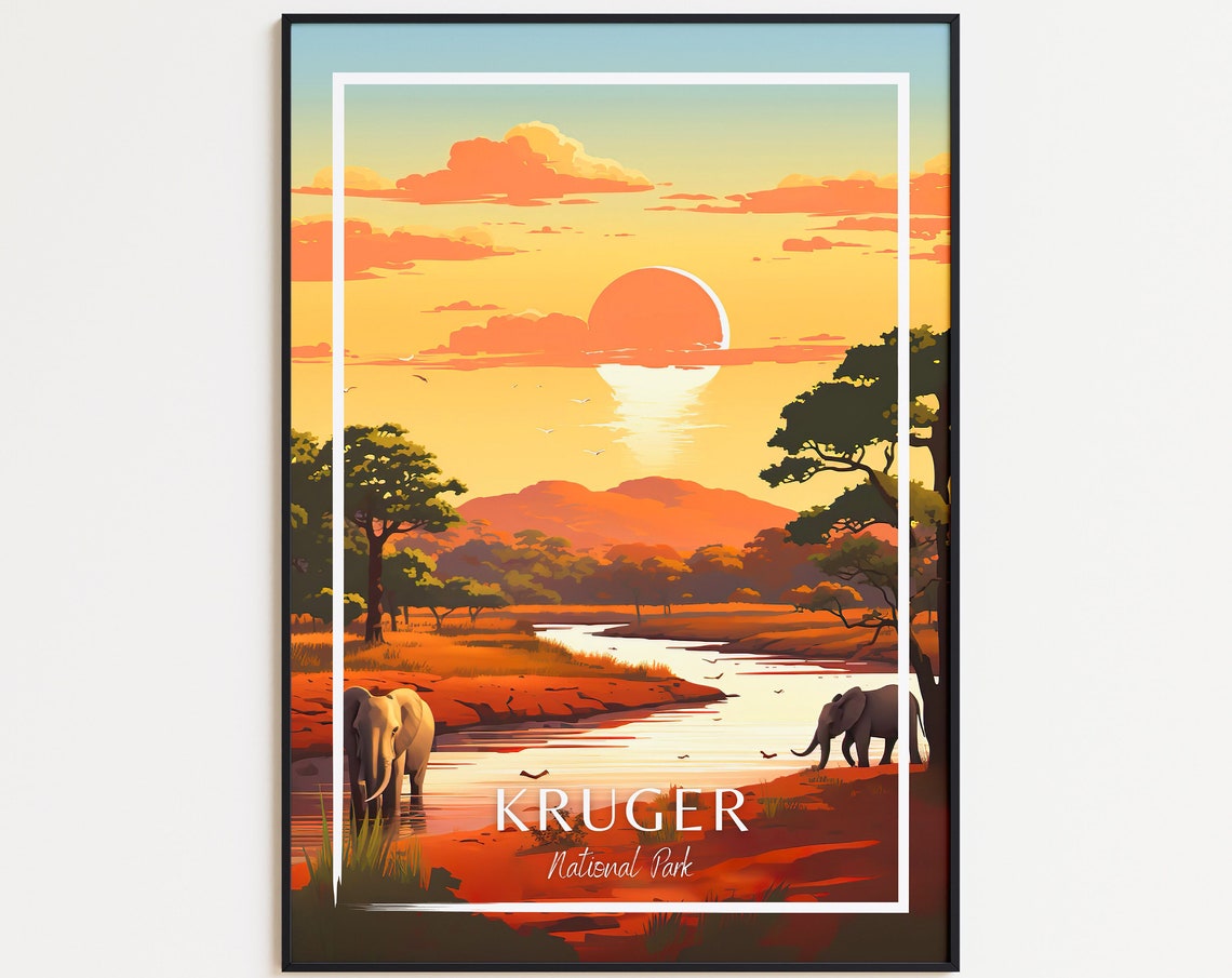 Kruger National Park Elephants Sunset Safari Vintage Travel Poster