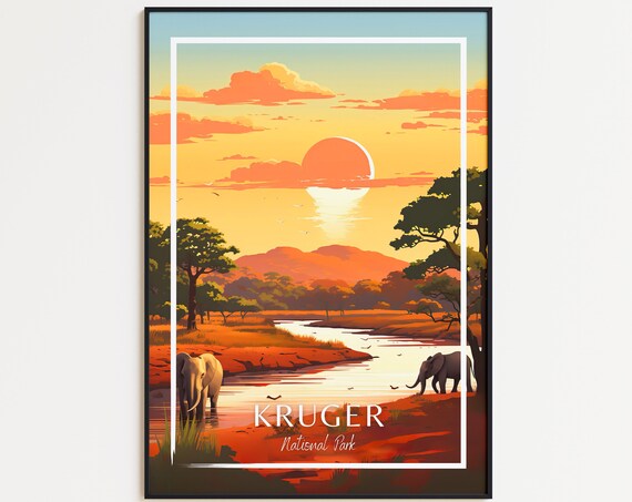 Kruger National Park Elephants Sunset Safari Vintage Travel Poster