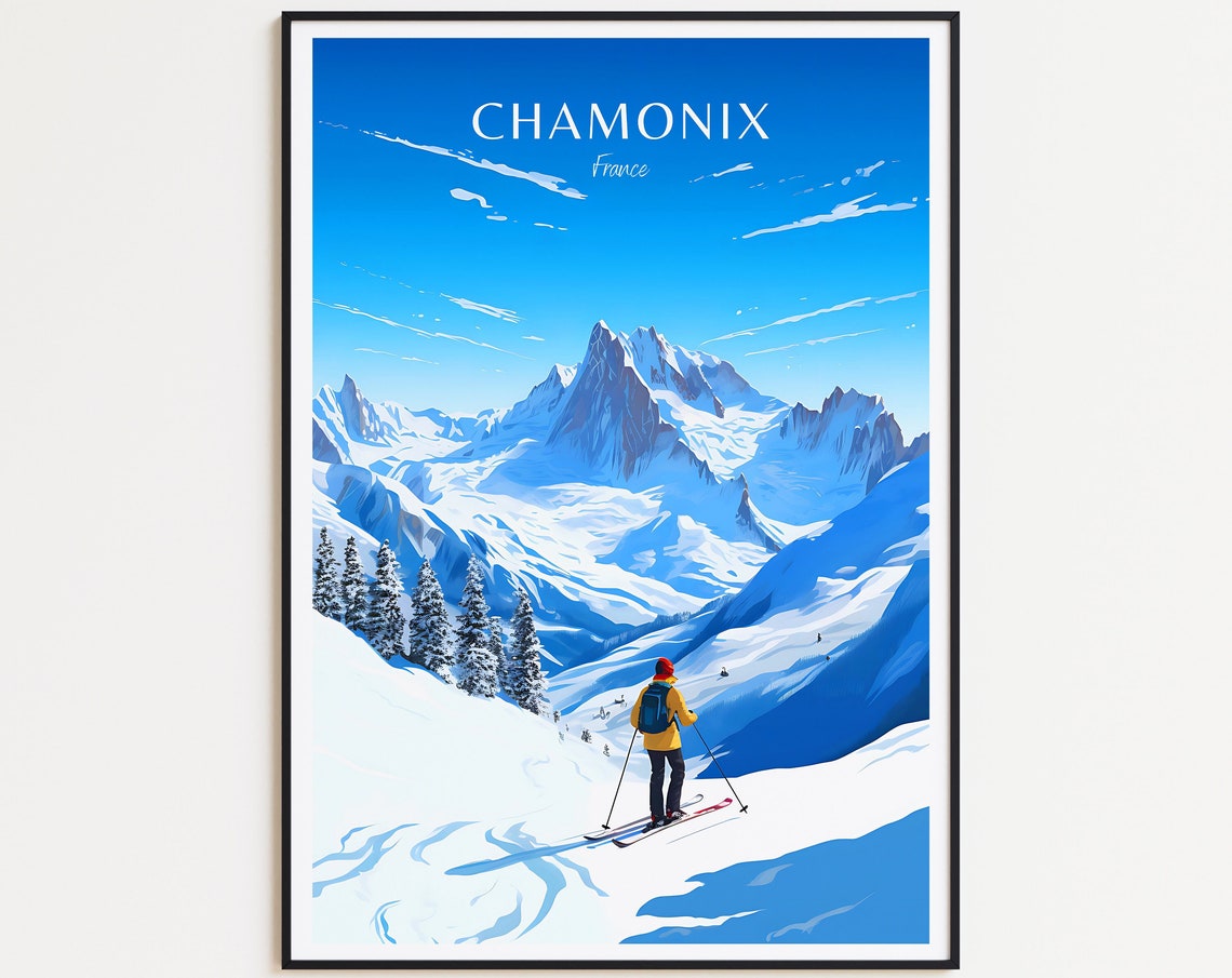 Chamonix France Skier Snowy Alpine Peaks Glacier Valley Poster