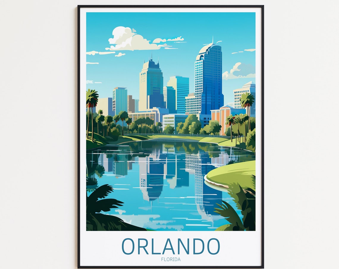 Orlando Florida Skyline Lake Reflection Palms View Travel Poster