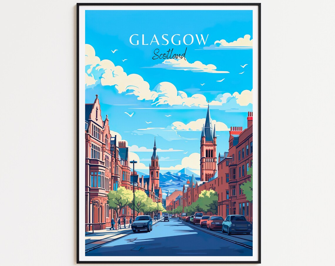 Glasgow Scotland Red Brick Streets Church Spires Travel Poster