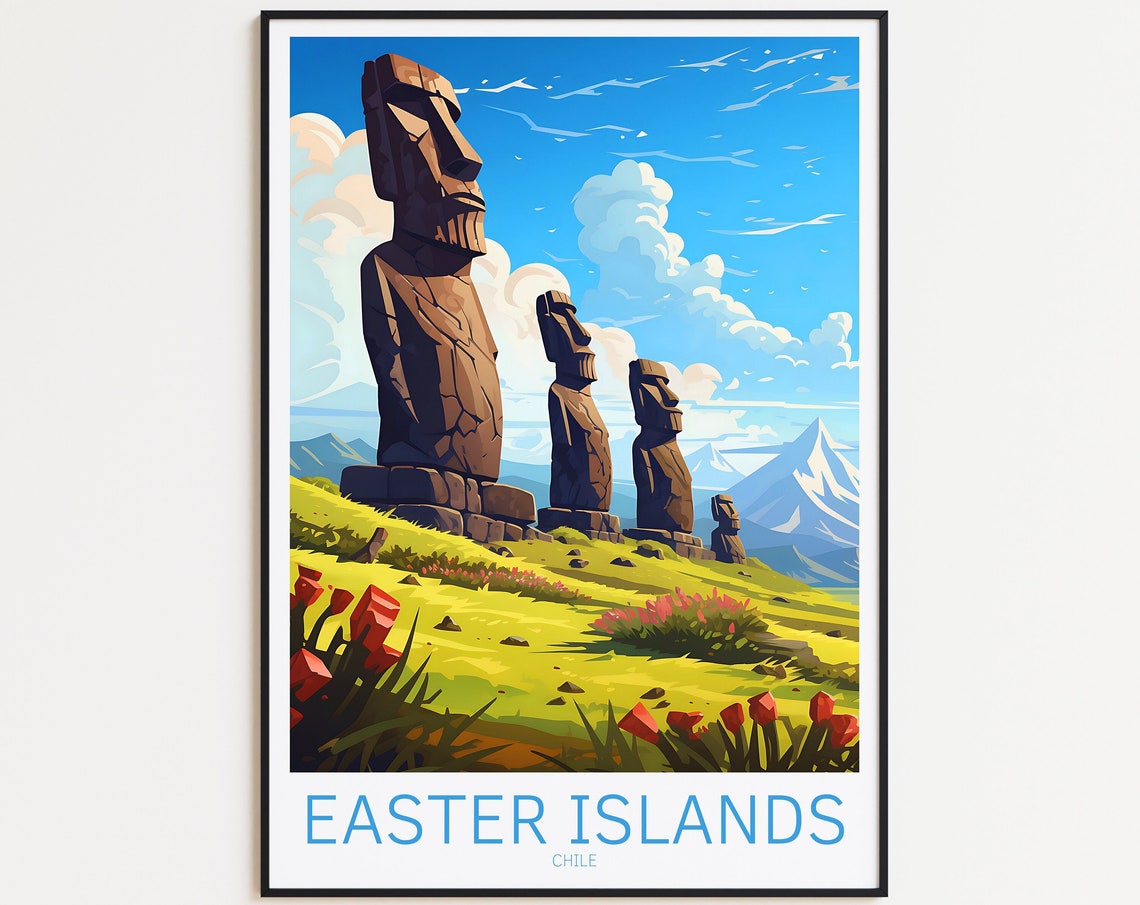 Easter Islands Chile Moai Stone Statues Grassland Valley Poster