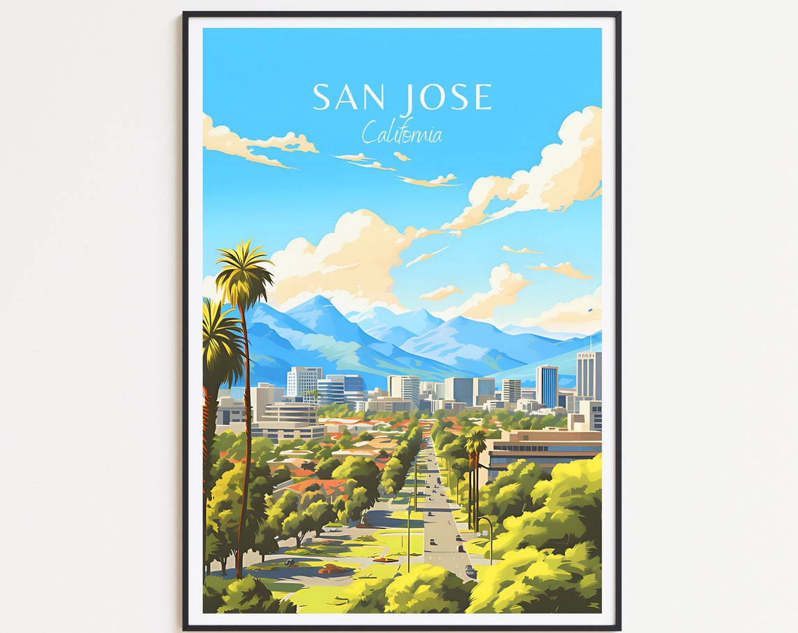 San Jose California Mountain View City Skyline Aerial Travel Poster