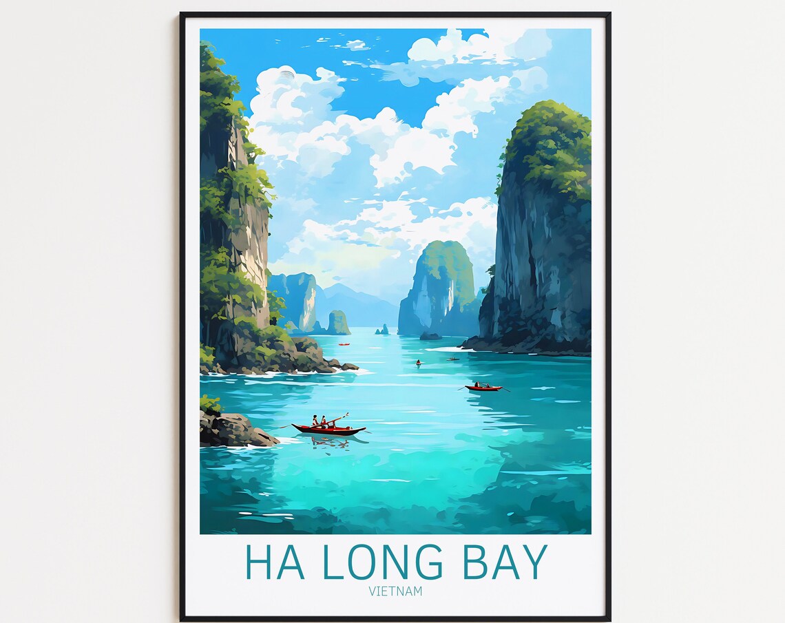 Ha Long Bay Vietnam Limestone Karsts Boats Vintage Travel Poster