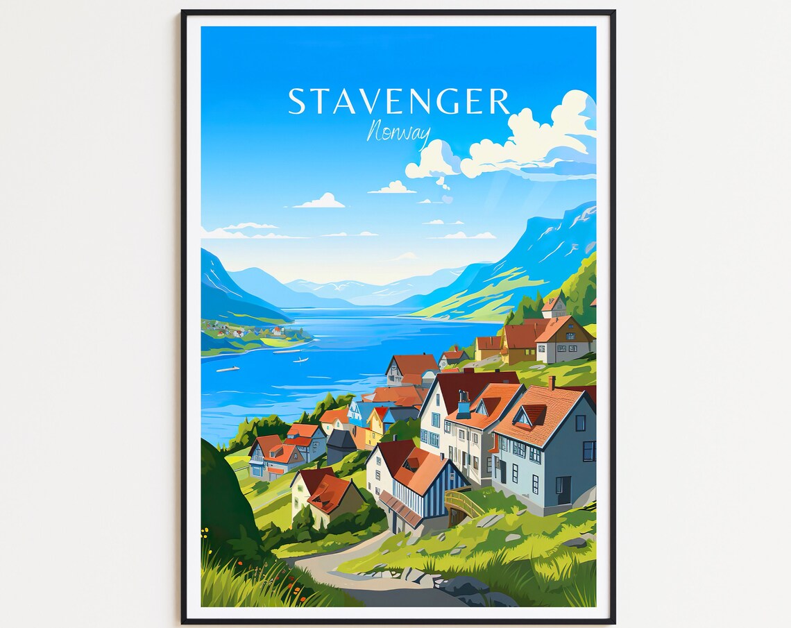 Stavanger Norway Travel Poster Fjord Village Red Roofs Mountain View