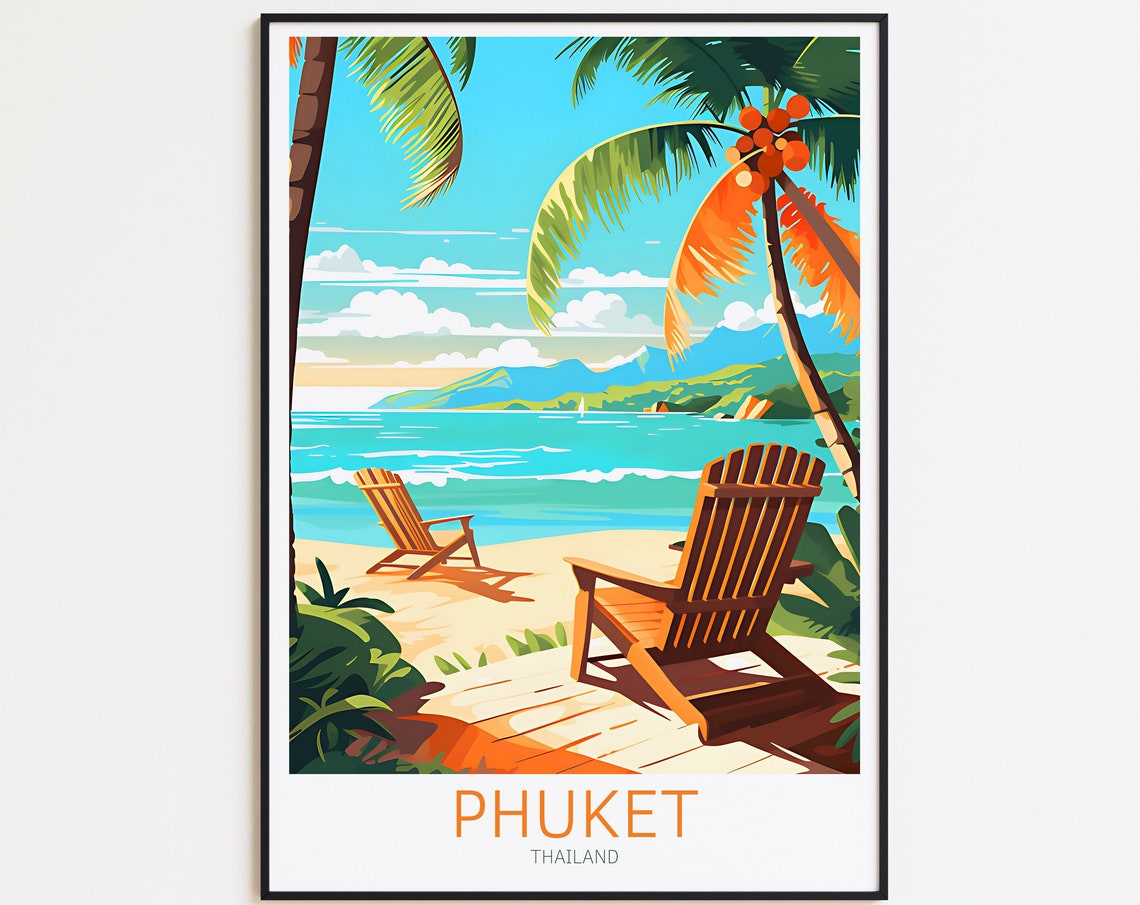 Phuket Thailand Beach Chairs Palm Trees Turquoise Sea Poster