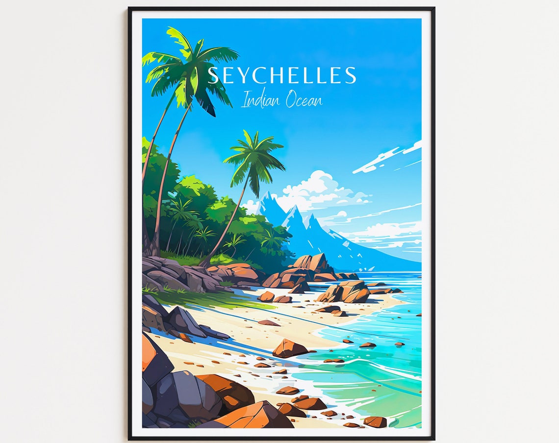 Seychelles Indian Ocean Granite Beach Palms Vintage Travel Poster